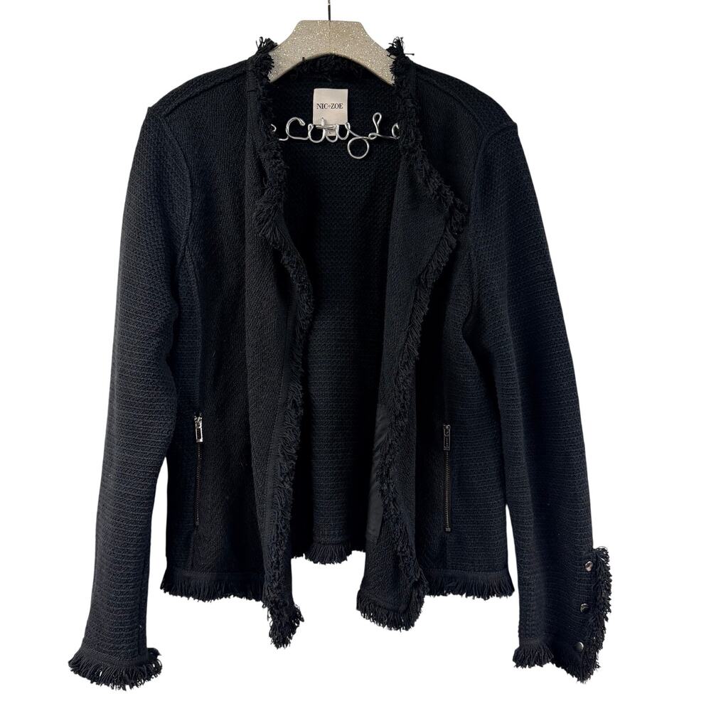 Nic + Zoe Black Blazer Knit Jacket Large Fringe Open Front Weave